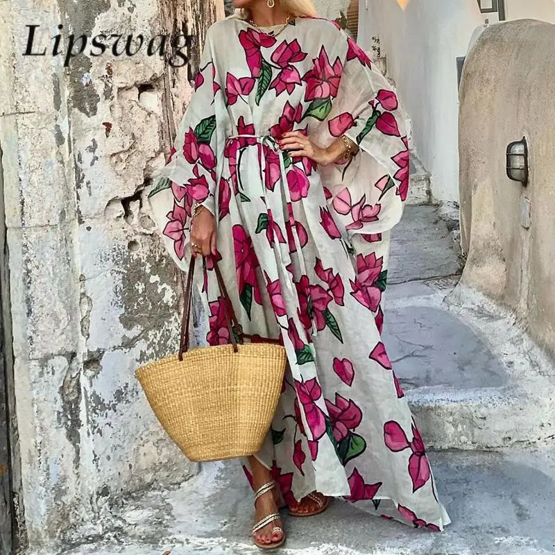 

Women Loose Batwing Sleeve Irregular Long Dress Casual Elegant O-Neck Boho Maxi Dress Fashion Lace-up Floral Print Party Dresses