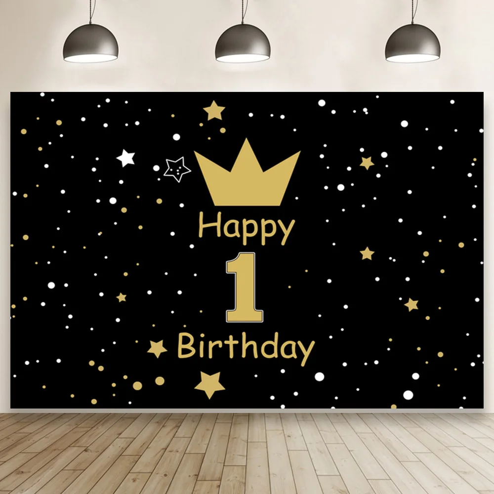 

Happy 1st Birthday with Crown Baby Shower Background Children Party Studio Photography Backdrop Wallpaper Booth Banner