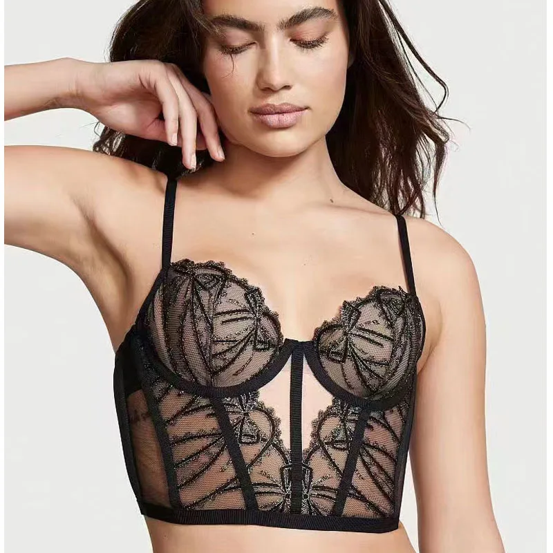 

wholesale Sexy Lace Mesh Bodysuit New Women Push Up Bra Set Shapewear Classic Black Transparent Hollow Bodycon Underwear bra