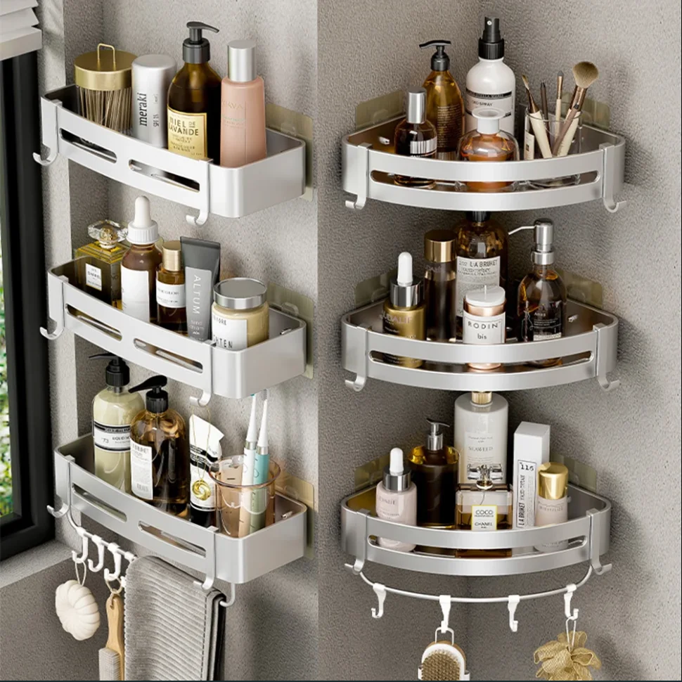 

Space Shower Aluminum Kitchen Storage Drill Multilayer Corner Wall Organizer Bathroom Shelves Rack No Caddy Mounted Shelf