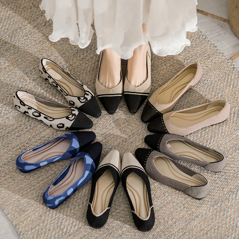 

2023 Flat Women Shoes Spring Single Shoes Fashion Pointed Toe Knitted Flat Loafers Comfortable Casual Soft Bottom Walking Shoes