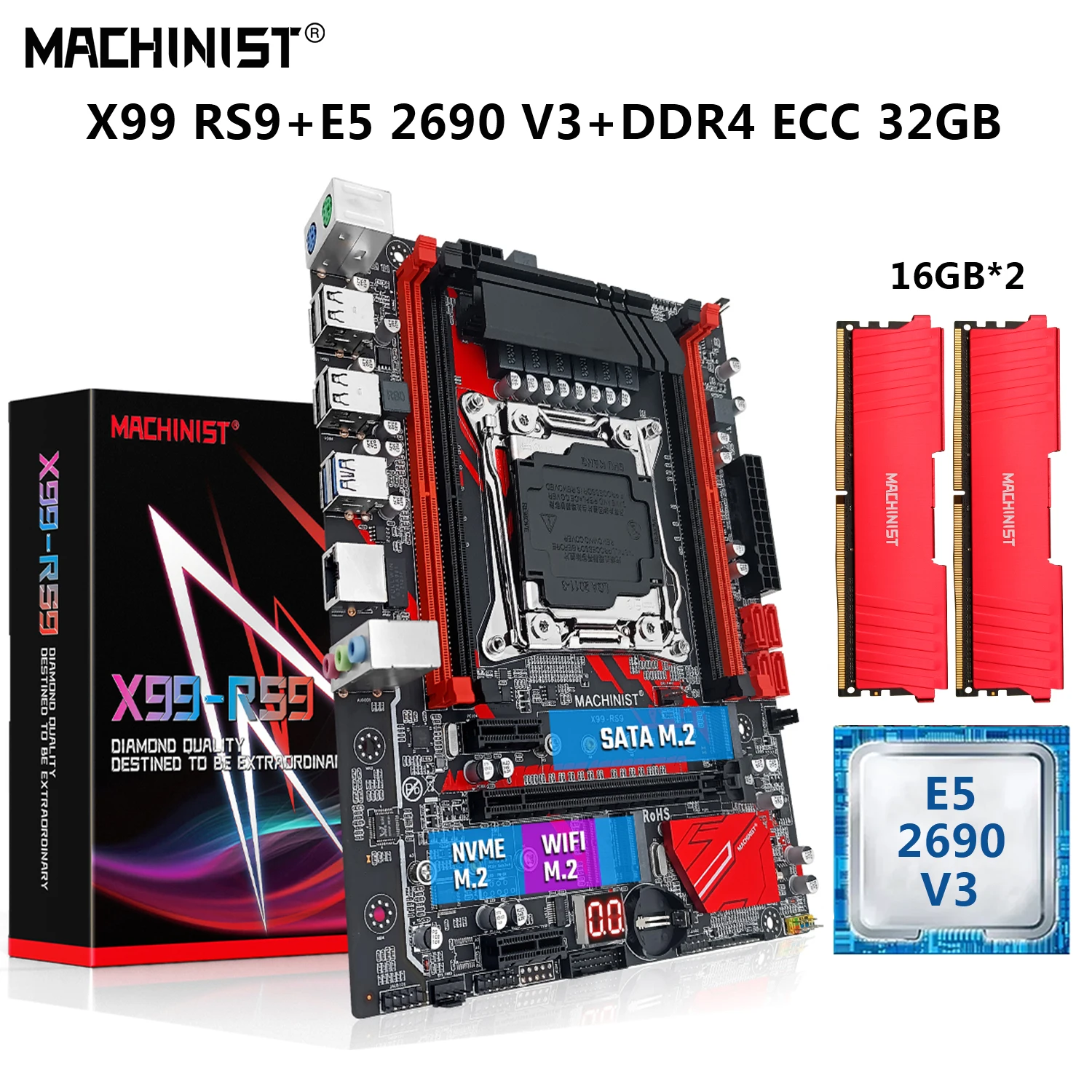 

MACHINIST X99 материнская плата LGA 2011-3 с комплектом Xeon E5 2690 V3 процессор 32 ГБ = 16Gx2 DDR4 ECC RAM память WIFI NVME M.2 USB3.0 RS9