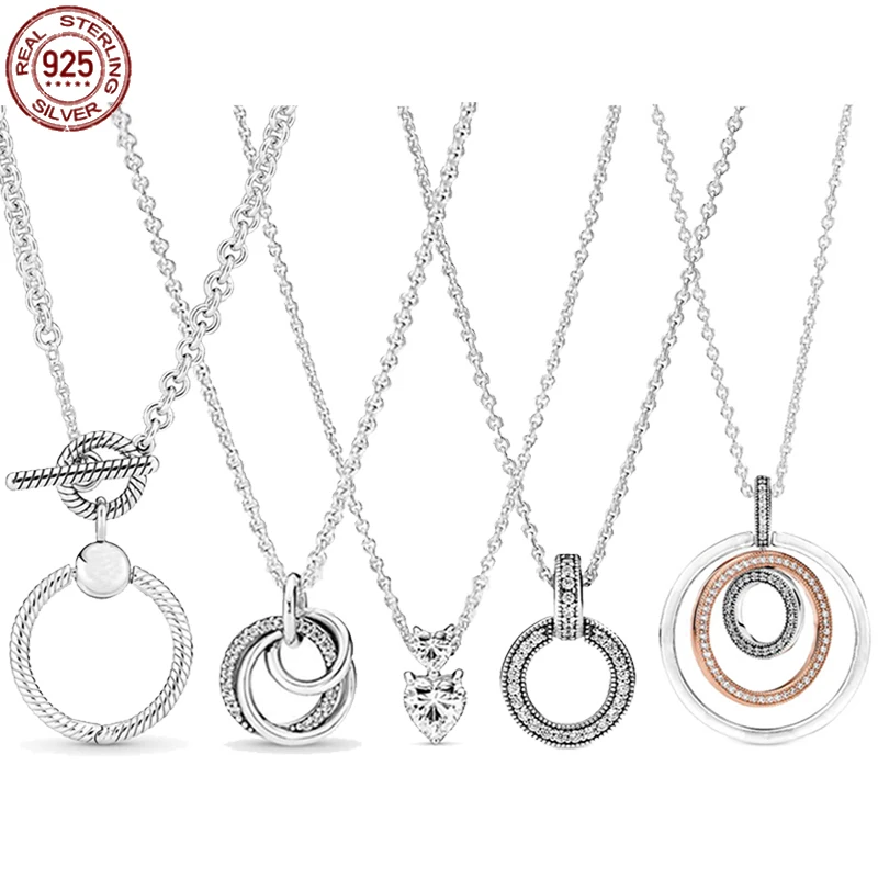 

Brand New Necklace 925 Sterling Silver Simple Multi-Ring Necklace Heart Necklace fit Original Charm Beads DIY Jewelry