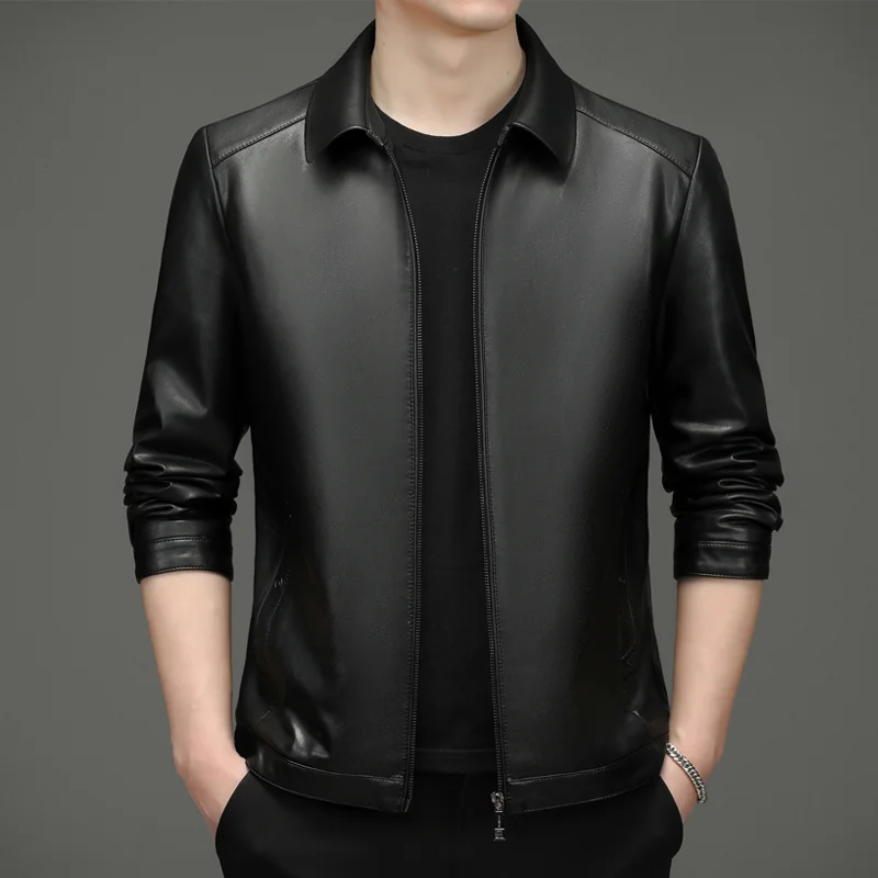 High-end men's leather jacket spring new young and middle-aged casual leather jacket lapel leather jacket