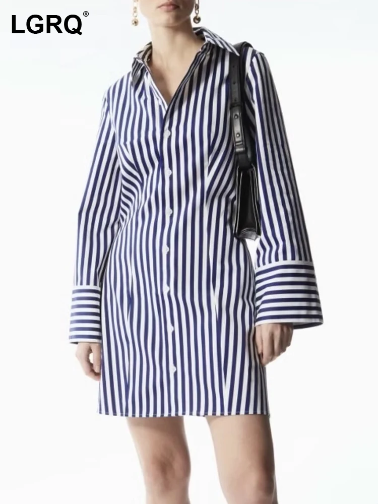 

LGRQ 2023 Fashion Stripe Long Sleeve Loose Buttoned Shirts Dress Woemn Lapel High Quality Casual Mini Dresses Girls New 19F1827