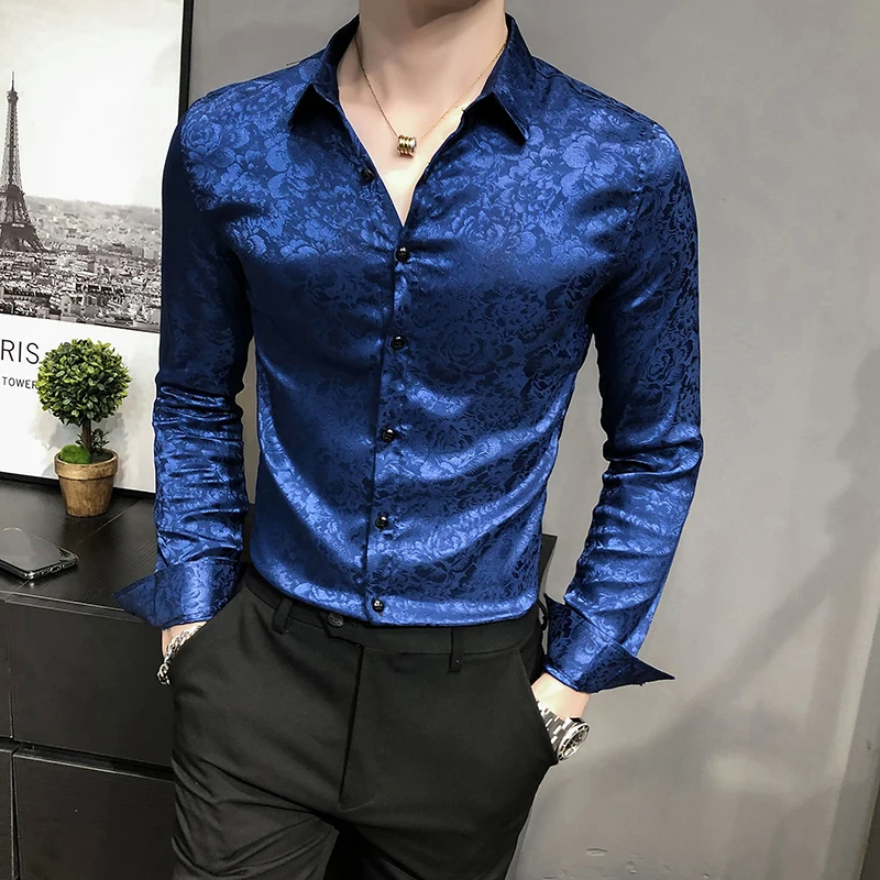 

British Style Digital Print Business Gentlemen Shirt Men Clothing 2021 Long Sleeve Formal Wear Casual Prom Tuxedo Dress 3XL-M