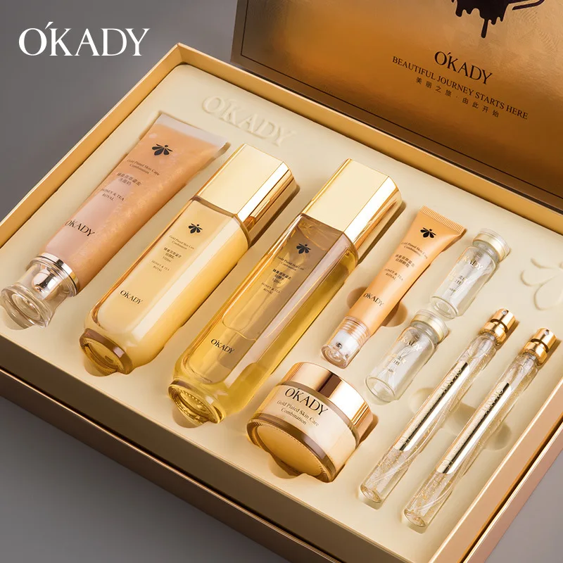 OKADY Queen Bee Tea Extract Gold Face Skin Care Set Face Toner Moisturizing Oil Control Whitening Face Serum Wrinkles Cream