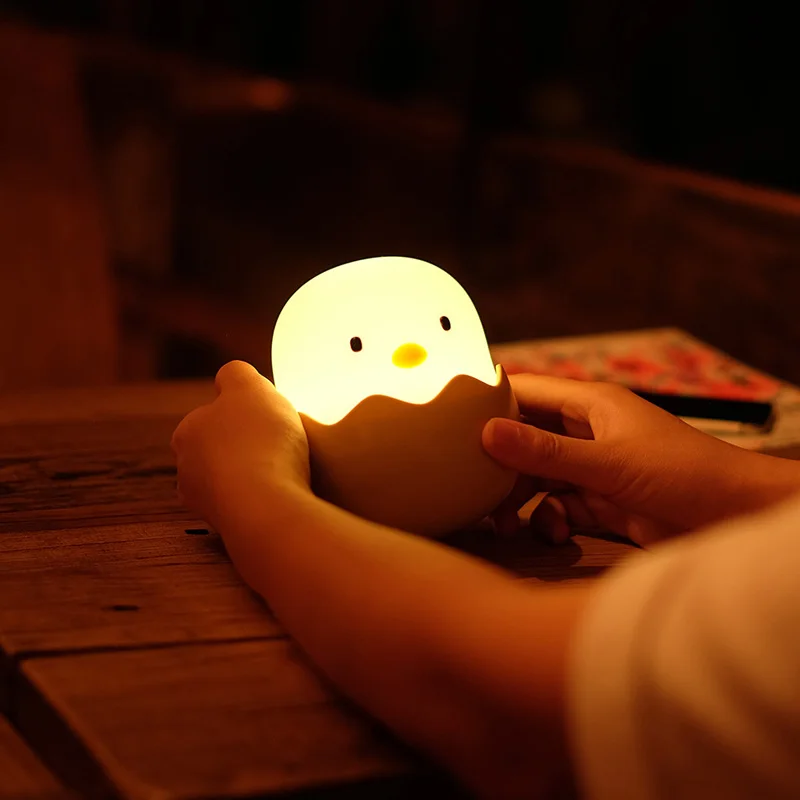 Фото Led Children Night Light Chicken Lamp Eggshell Touch Night Lights Tumbler Soft Silicone Rechargeble Decorate Bedside Table Lamps №4
