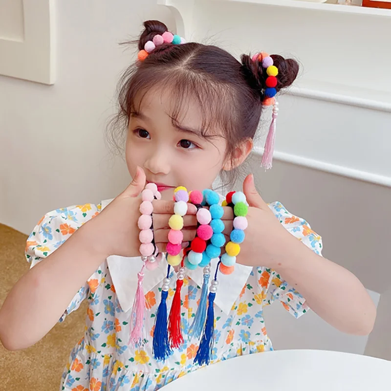 

2pcs Cute Colorful Pom Pom Ball Hair Bands Tassel Pearl Girls Elastic Gum Long Hair Rope Kids Head Ties Scrunchies Accessories