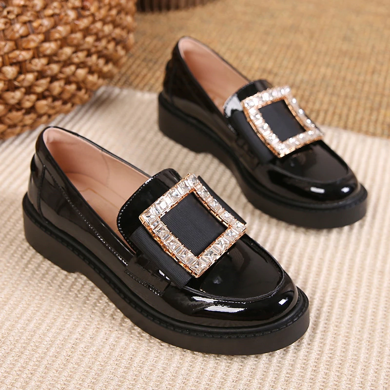 Square Buckle Single Shoes Women's Autumn New Rhinestone Thick-soled Loafer Shoes British Style College Small Leather Shoes