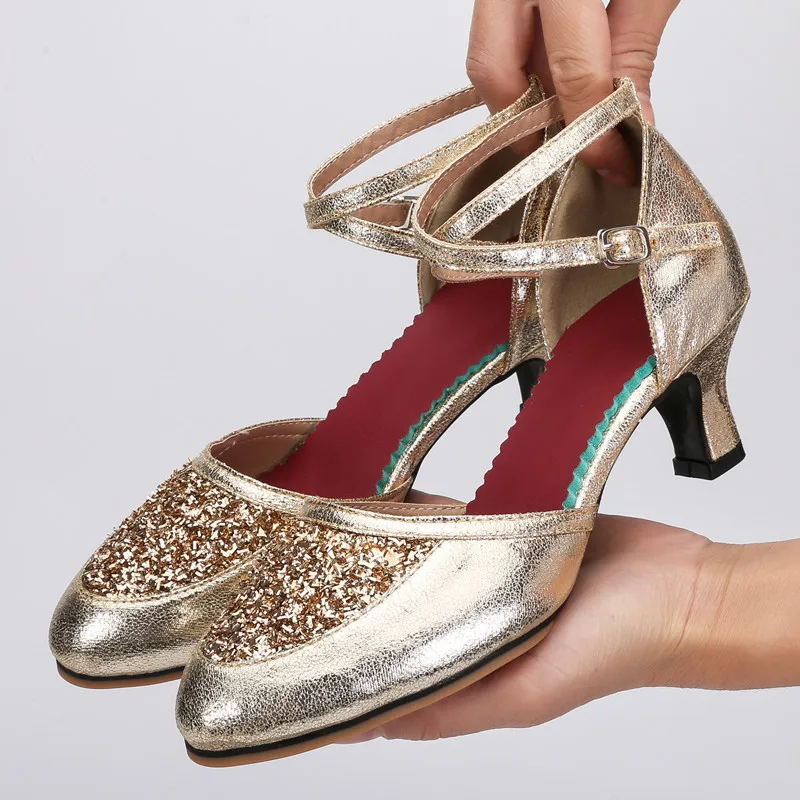 Professional Women Latin Modern dance shoes Ballroom medium high heel dance shoes drill Soft soled Cha cha tango dance shoes