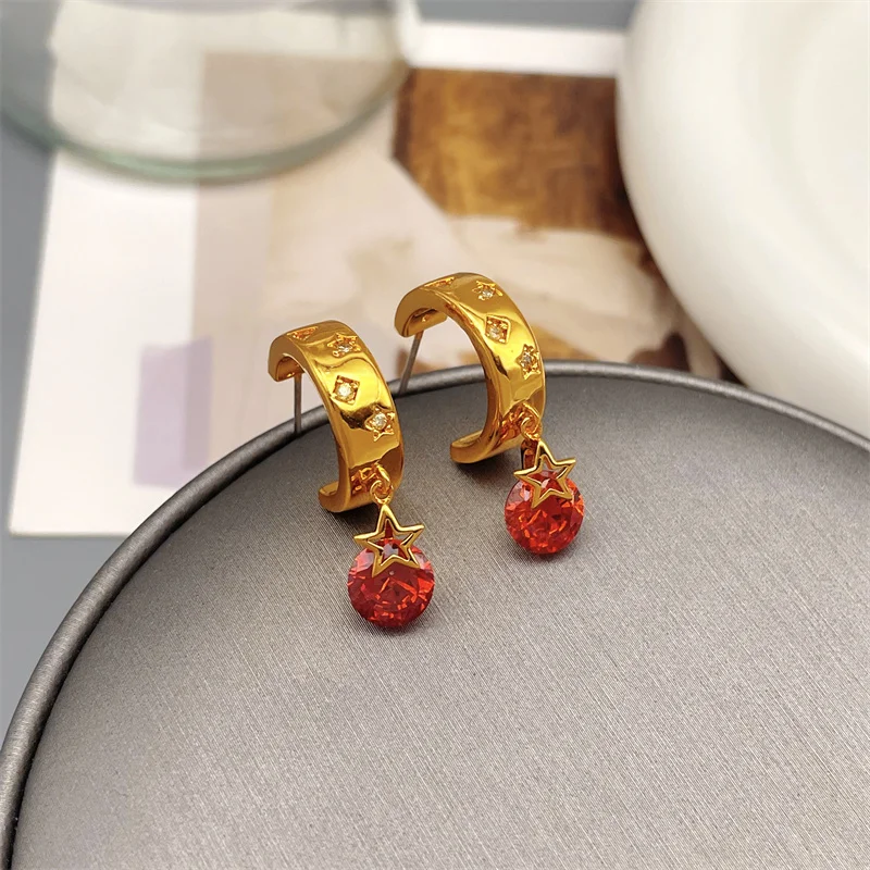 

Korean Retro C Shape Inlaid Star Zircon Drop-Earrings For Women Delicate And Small Earrings Plating 18k Gold Jewelry Wholesale