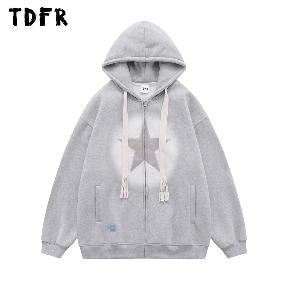

Five-pointed Star Print Hoodies Mens Autumn Winter Fleece Casual Loose Long Sleeve Zipper Outerwear Men Sweatshirts