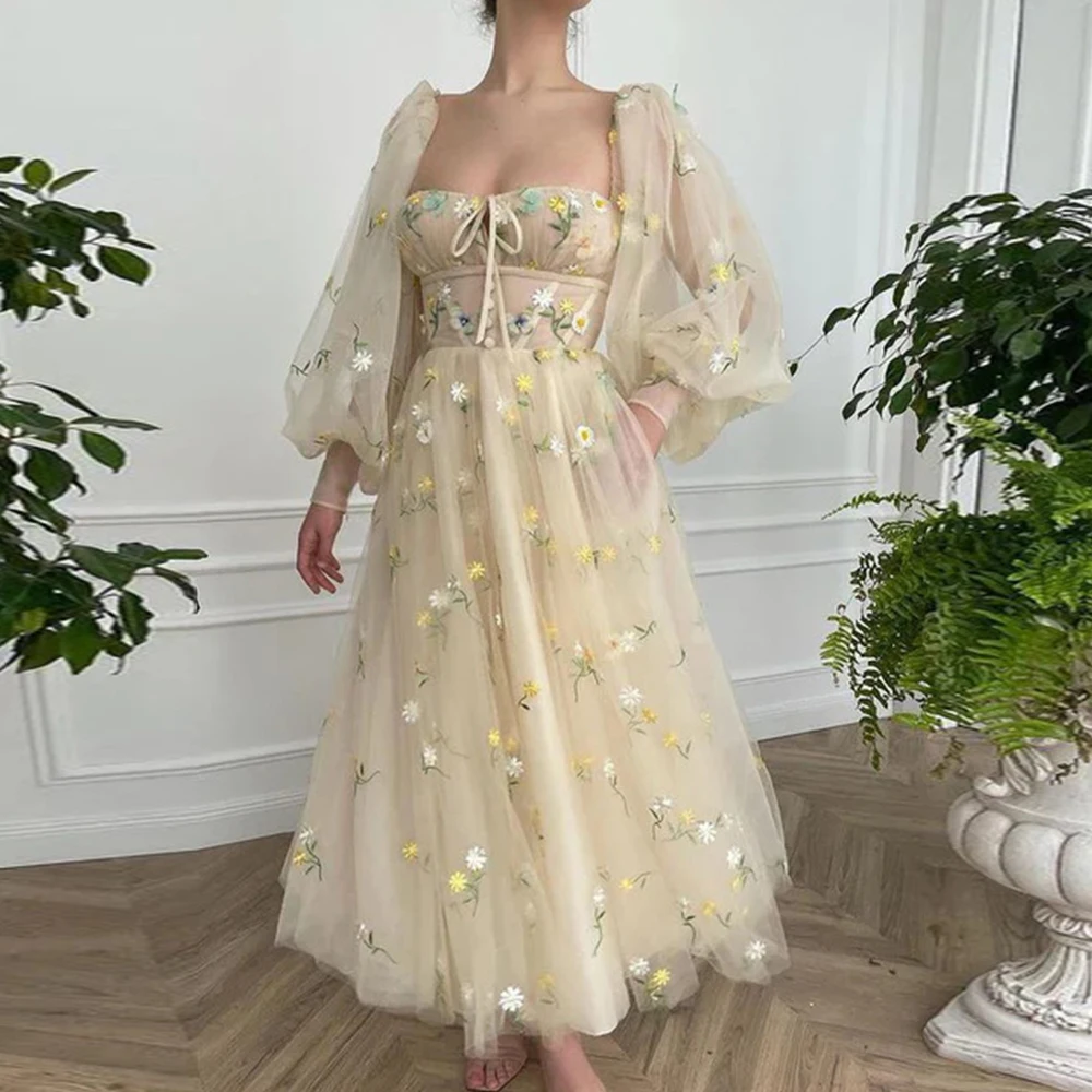 

Champage A-Line Tulle Evening Party Dresses 2023 Floor Length Puffy Full Sleeve Sweetheart Graduation Dresses Open Back Flower