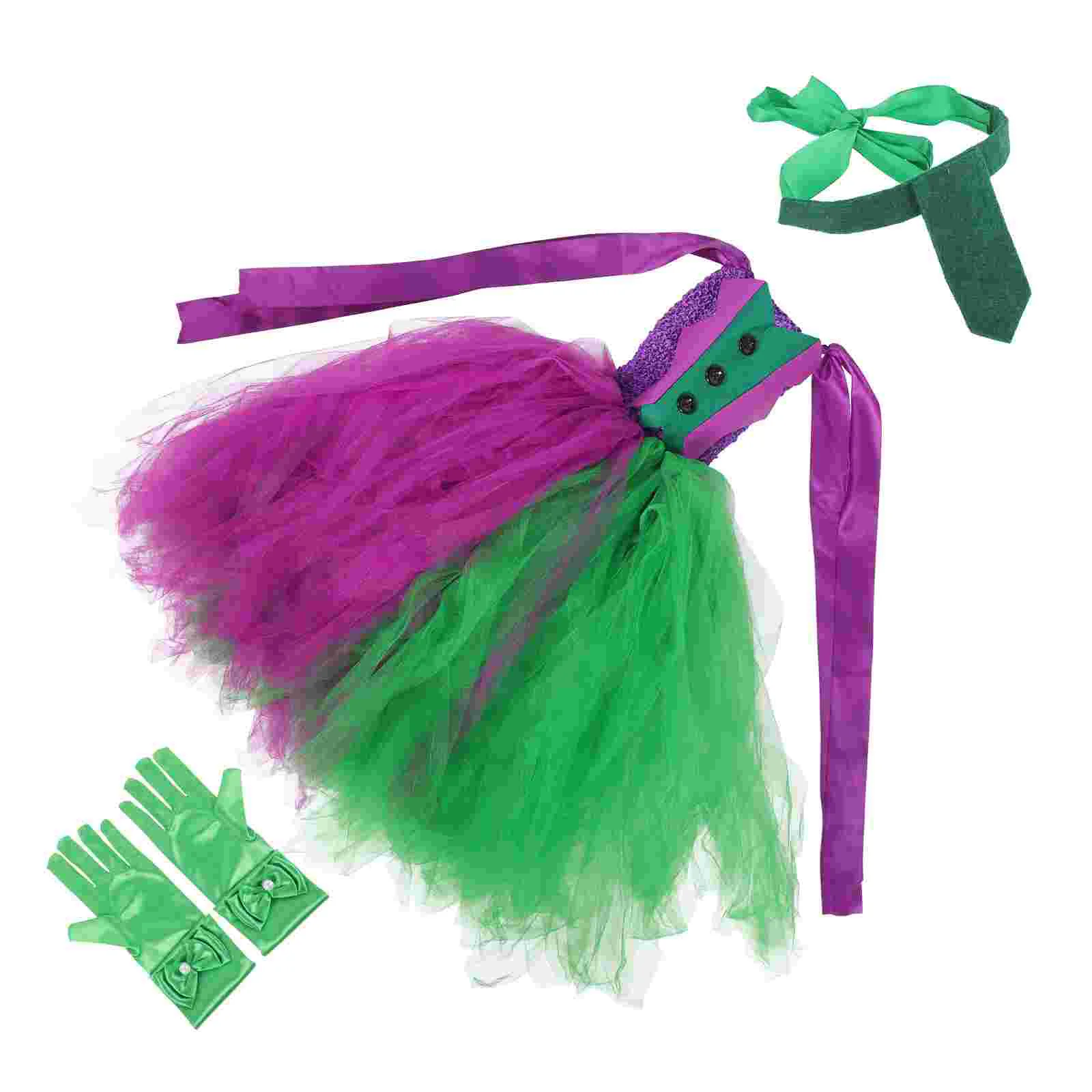 

Girl Sleeveless Dress Clown Halloween Cosplay Costume Necktie Decorative Gloves