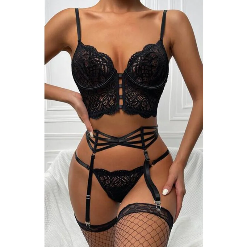 

2021 Sexy Women Lingerie Bra Set Rose Embroidery Lace Black Red Intimates Underwire Sleepwear Underwear Bra+Briefs Erotic Set