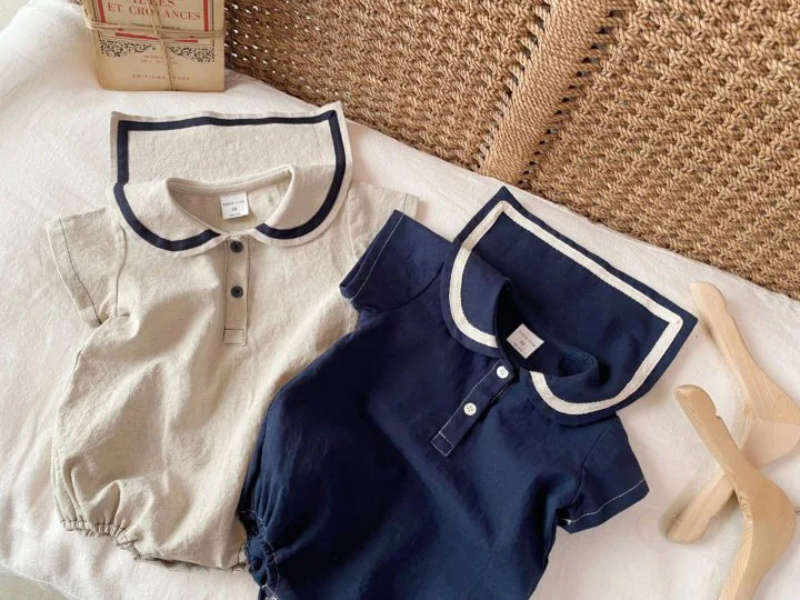 2022 Summer New Baby Girl Short Sleeve Bodysuit Cotton Girls Cute Navy Collar Jumpsuit Solid Baby Boy Onesie Infant Clothes