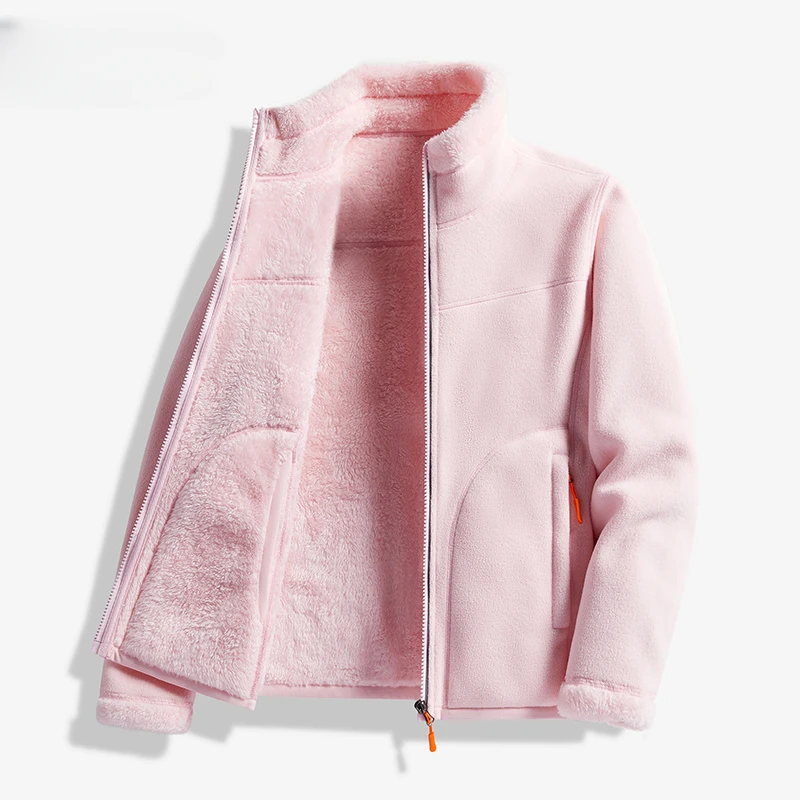 

Reversible Fleece Jacket Pink Faux Fur Velvet Women's Hiking Camping Coats Thermal Cardigan Warm Outdoor Sports Free Shipping