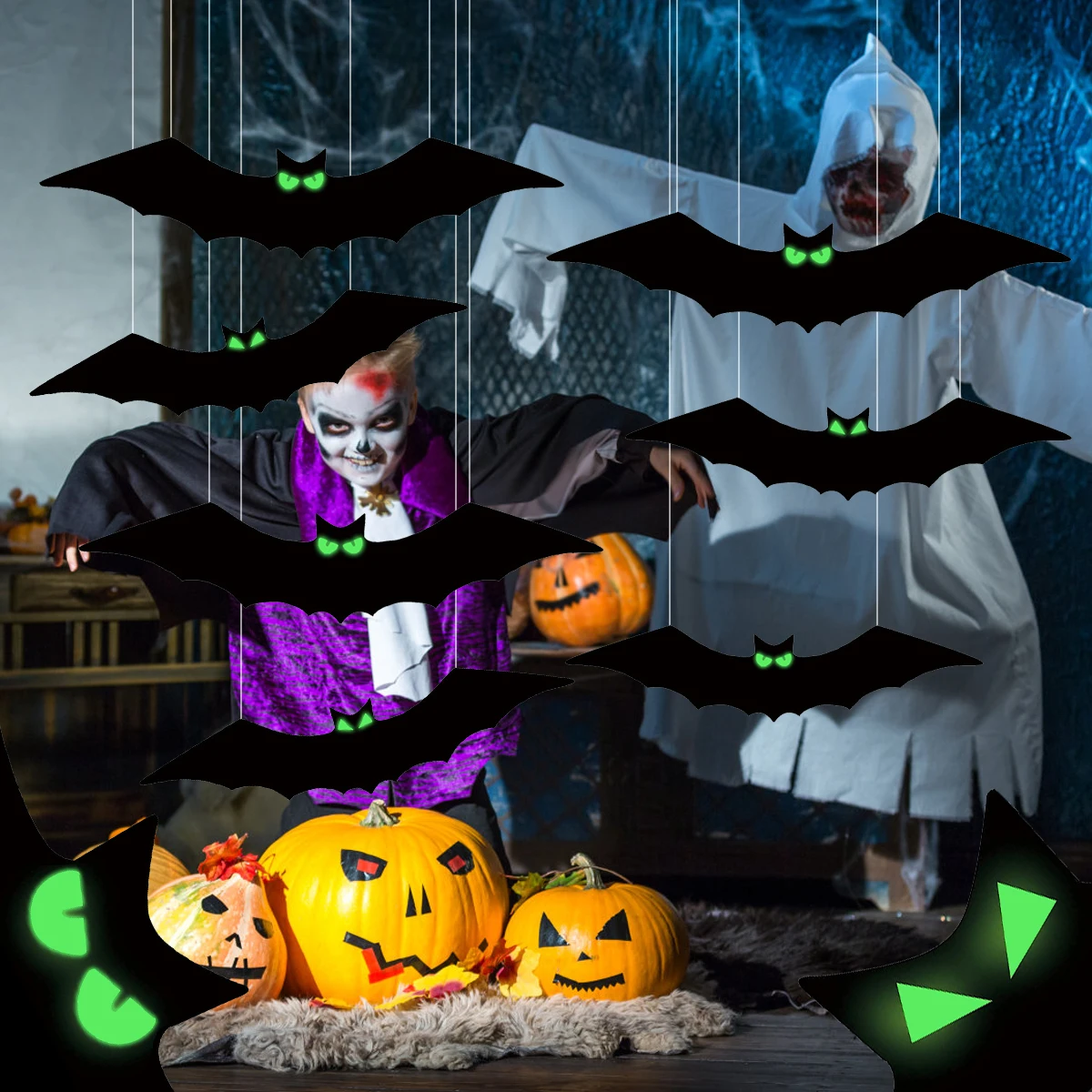 

16pcs Halloween Bats Decoration Waterproof Scary Hanging Bat Luminous Spooky Black Bat with Fluorescent Eyes Sticker Decorations