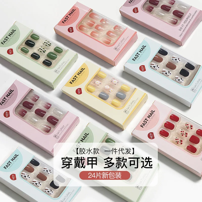 

24Pcs/Box Charming Flame Short Long Detachable Fake Nails kawaii Press on Full Cover False Nail Tips with Jelly Stickers