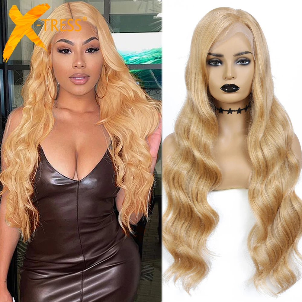 

Blonde Color Synthetic Lace Front Wigs L Part Long Body Wave Hairstyle For Women X-TRESS Natural Soft Trendy Hair Wig Daily Use