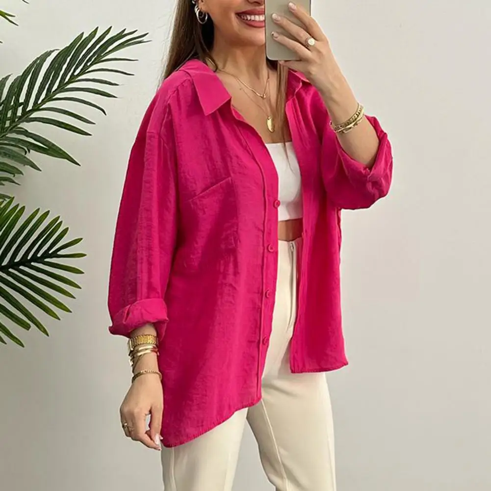 

Women Spring Shirt Comfortable Spring Shirt Stylish Women's Mid-length Blouse Loose Fit Solid Color Turn-down Collar for Spring