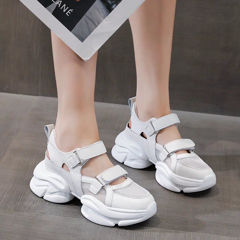 7cm Genuine Leather Air Mesh Women Breathable Sandals Chunky Sneakers Hollow 2023 New Summer Ladies Platform Wedge Pop Shoes