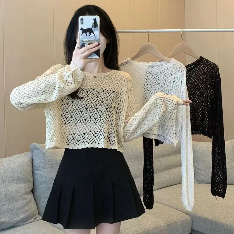

Lucyever Y2K Sweet Cropped Sweater Women Fashion Loose Hollow Out Knitted Pullover Female Solid Thin Sunscreen Loose Casual Tops