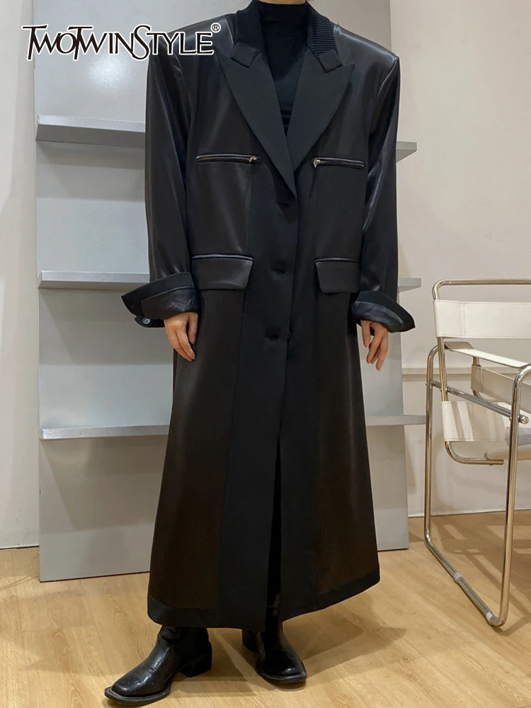 

TWOTWINSTYLE Puffer Jacket Black Winter Coat For Women Notched Collar Long Sleeve Patchwork Pockets Solid Coats Female Clothing