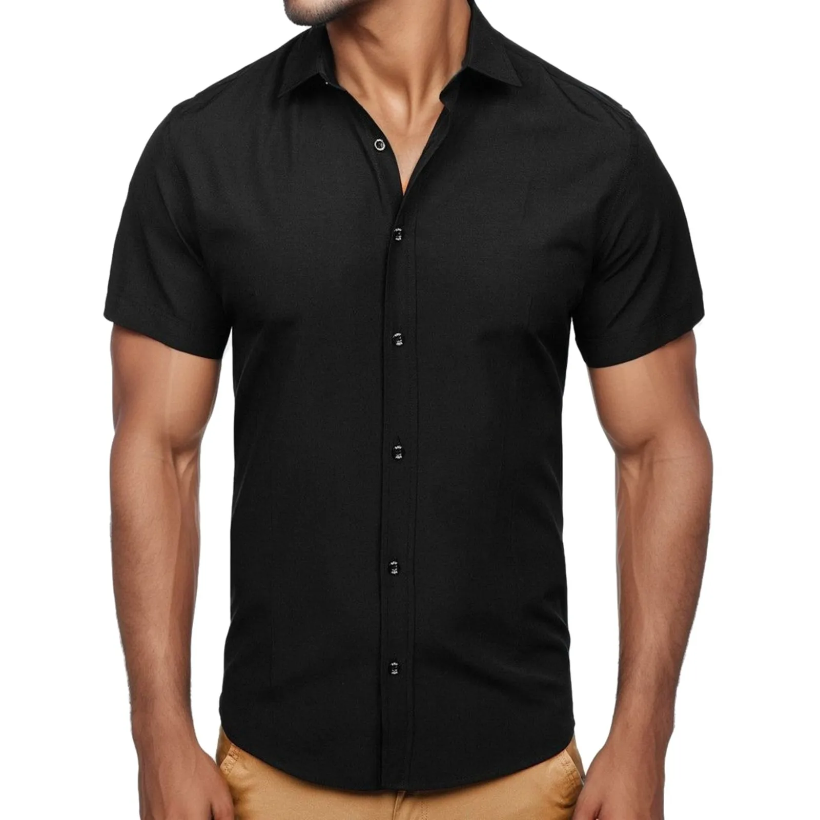 

Повседневная Однотонная рубашка, черные тонкие рубашки с отложным воротником, блузка с коротким рукавом, рубашки для мужчин, уличная одежда, рубашки, блузы, топы 2023