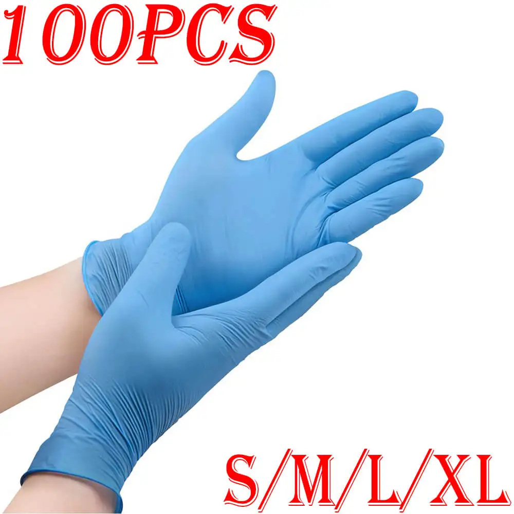 

100 шт одноразовые синие нитриловые перчатки химически стойкие без пудры лабораторные кухонные уборочные виниловые рабочие перчатки