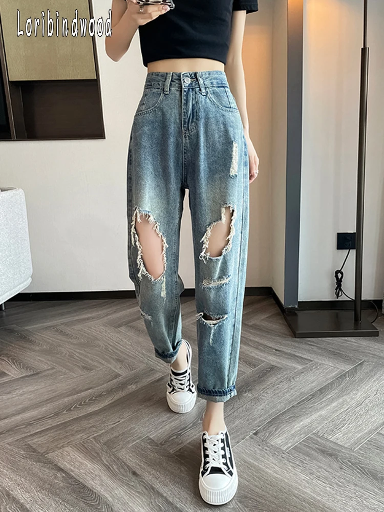 

Харун рваные джинсы женские летние тонкие модели 2023 новые с высокой талией Прямые вниз чувство свободного покроя нищий папа брюки женские брюки