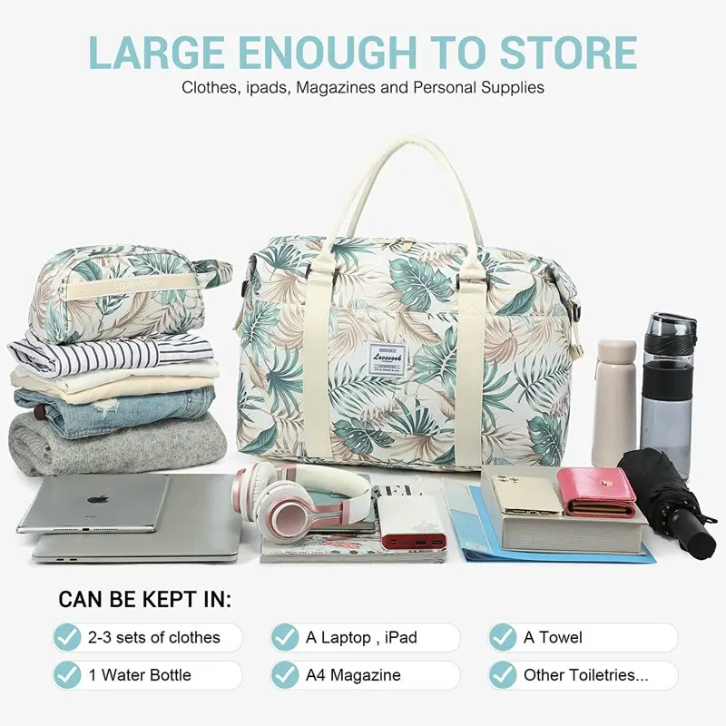 Weekender Bag for Women, Travel Tote Bag Gym Duffel Bag with Toiletry Bag, Carry On Bag Overnight Bag with Wet Pocket(White-Leaf