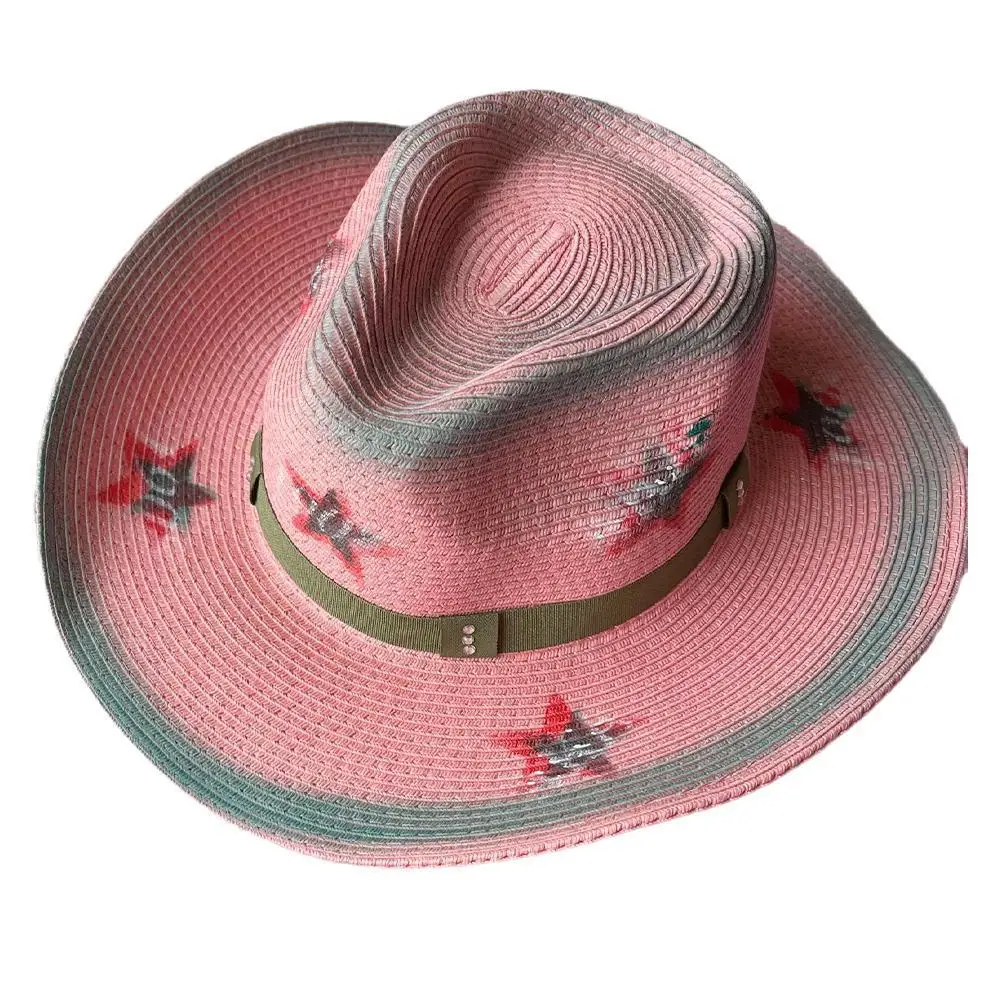 

Женская Ковбойская шляпа в западном стиле, розовая соломенная шляпа от солнца, пляжная шляпа для отдыха на открытом воздухе, кепка для защит...