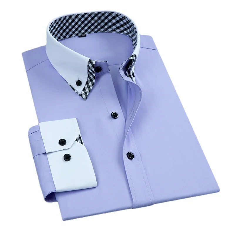2022 Solid Color Plaid Dress Shirt Long Sleeve Shirt for Men Work Casual Slim Fit Shirt Men Clothing Button Up Shirt S-5XL