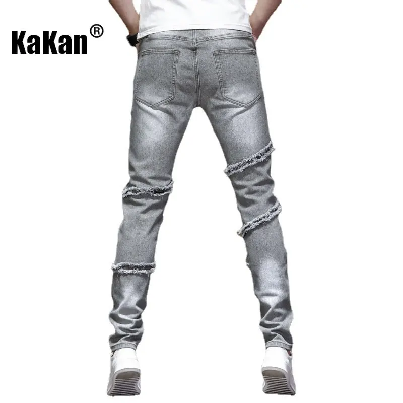 Kakan - New Light Grey Slim Fit Motorcycle Spliced Ragged Edge Jeans for Men, Trendy Small Feet Mid Waist Long Jeans K19-9325