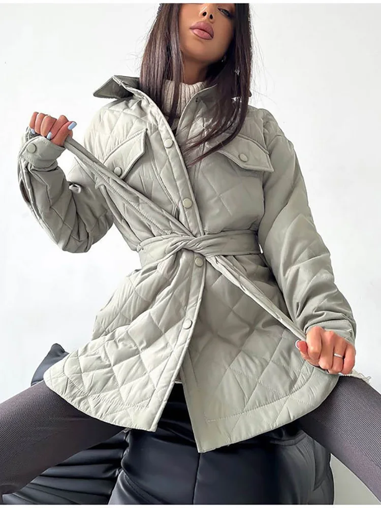 Women's Winter Padded Jacket Fashion Warm Loose Casual Coats Lapel Single-breasted Outwear Ladies Elegant Quilted Jackets Belt