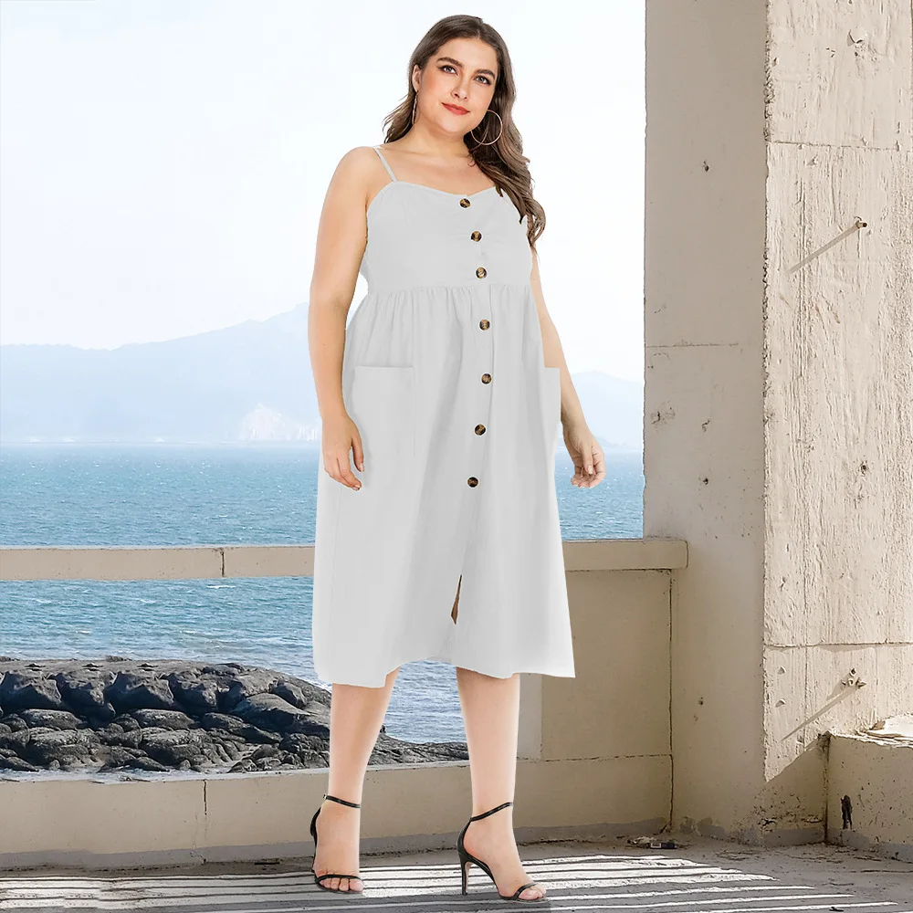 

Plus Size Women's Dress Casual Solid Color Suspenders Single-breasted Dress Midi Skirt 2022 Summer Large Size Dress New
