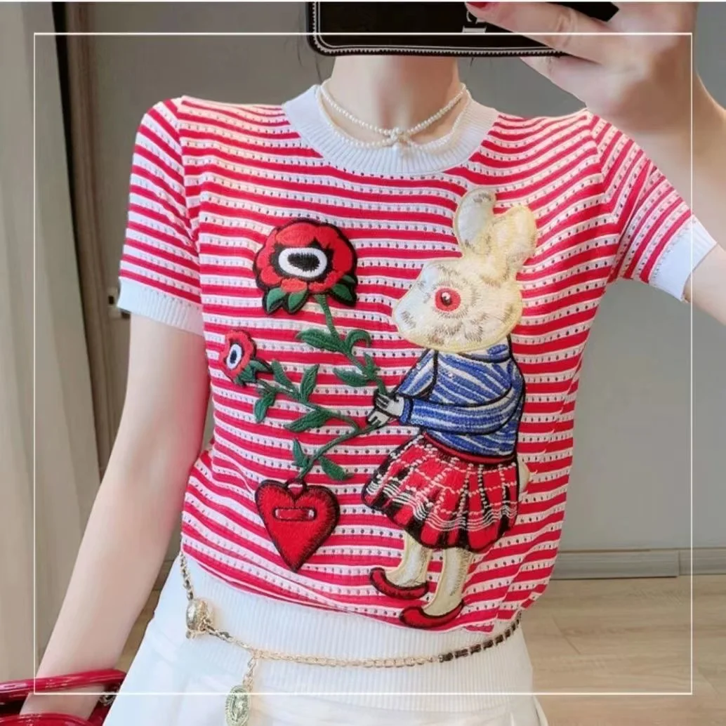 

Spring Summer Short-Sleeved Knitted Round Neck 2022 Cute Rabbit Embroidery Striped Thin Sweater Sweet Women's Pullover