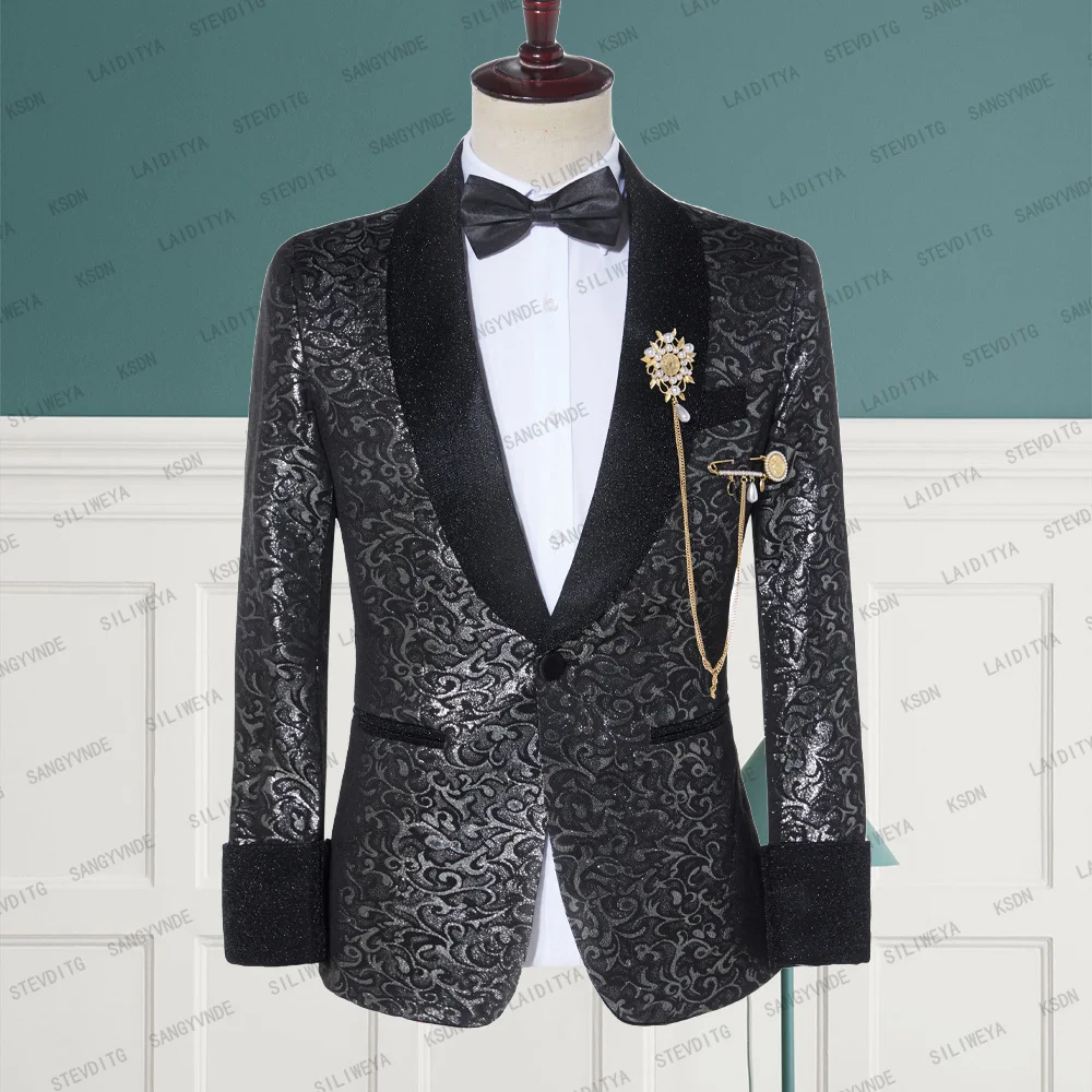2023 New Men's High-quality Black Jacquard Floral With Shawl Lapel Suit One Button Wedding Groom Prom Tuxedos Blazer Jacket Coat