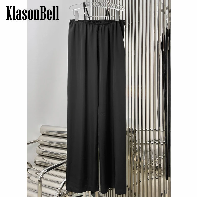 6.22 KlasonBell Fashion Letter Rhinestone Strap Draped Casual Black Wide Leg Pants Women