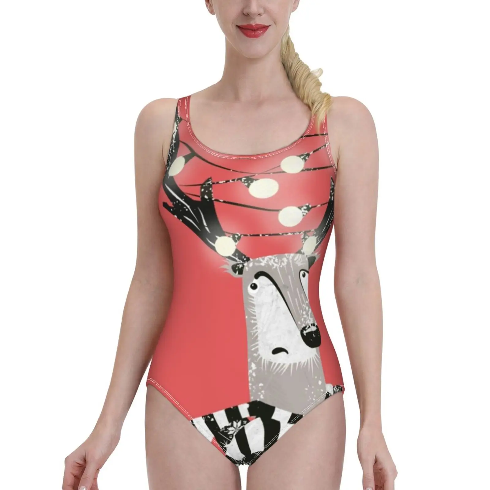 

Рождественский яркий женский купальник с оленями, Цельный купальник с открытой спиной, сексуальная пляжная одежда, летние купальные костюм...