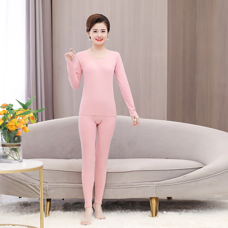 Winter Women Soft Warm Long Johns Thermal Underwear Sets Light Purple Pink Skin Color Black Comfort Pajama Top And Pant Sets