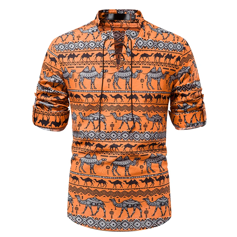 

Стильные мужские рубашки с принтом верблюда в этническом стиле, новая брендовая футболка с длинным рукавом из 100% хлопка, Дашики, винтажные р...