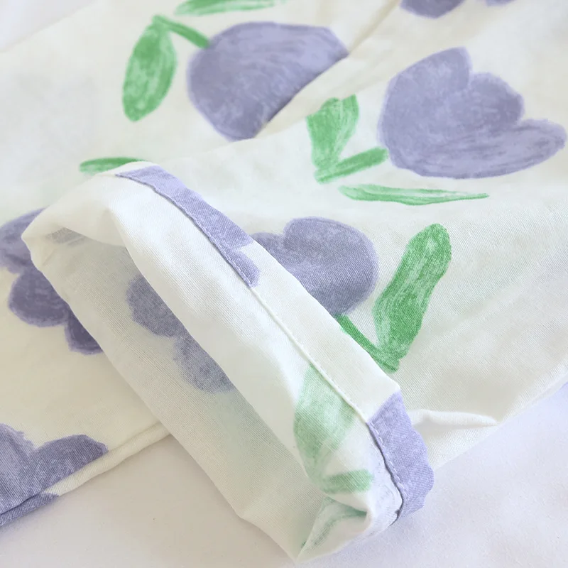 Thin Pure Cotton Pajamas Women's Long-sleeved Trousers Tulip Home Service Suit Turn-over Collar Breathable and Casual Nightwear