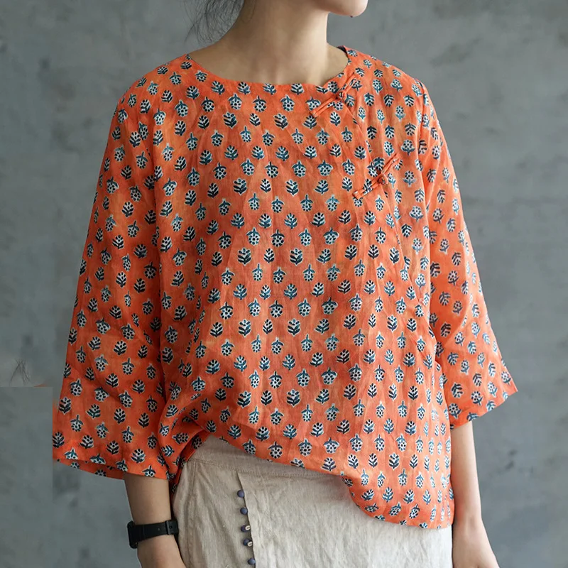 

Women's Summer T Shirt New Ramie Zen Retro Tea Clothes Casual Top National Style Shirt Printing Tang Suit Hanfu Loose 9385
