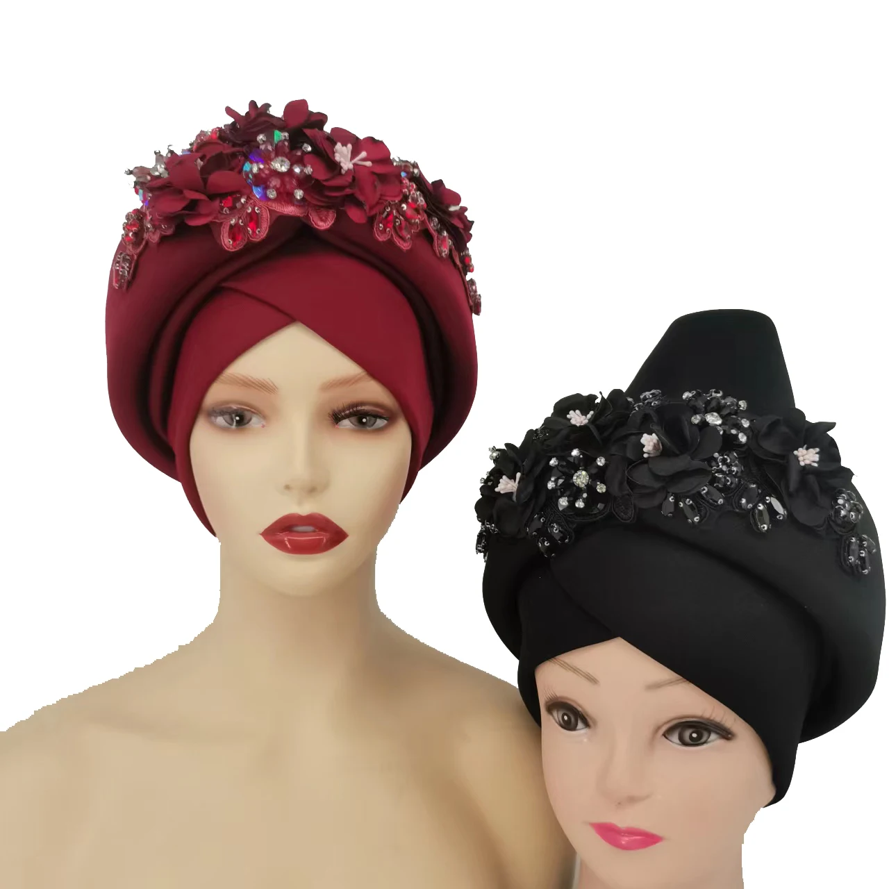 

Beaded Nigeria Gele Ready African Headtie Female Head Wraps Party Headpiece Muslim Headscarf Hat Women's Turban Cap with Stones