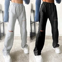 womens casual hole sweatpants solid color waist drawstring casual fitting soft ripped trousers pants for jogging sports fitnes