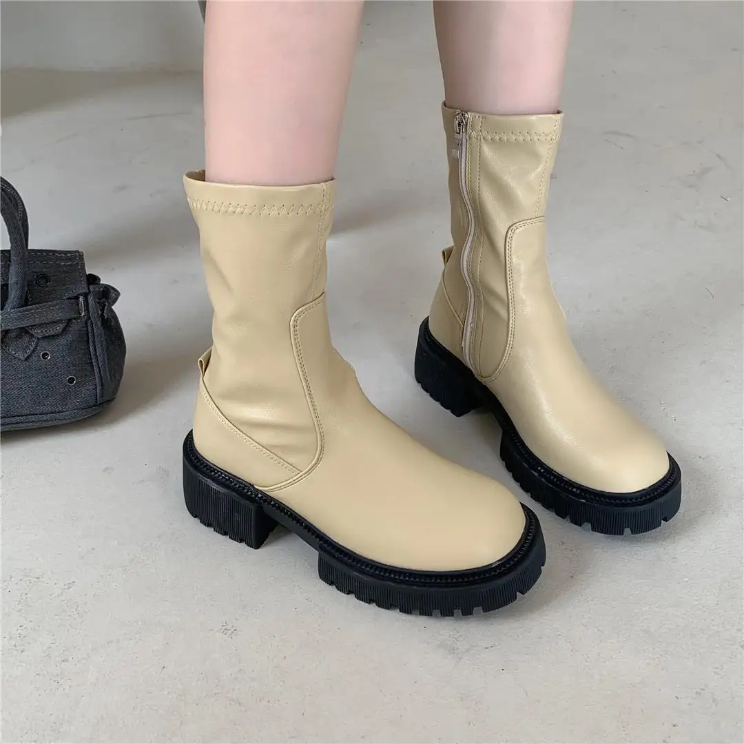 

Round Toe Zipper Lolita Boots Women's Rubber Shoes Rain Clogs Platform Boots-Women Low Ankle 2022 PU Hoof Heels Basic Solid