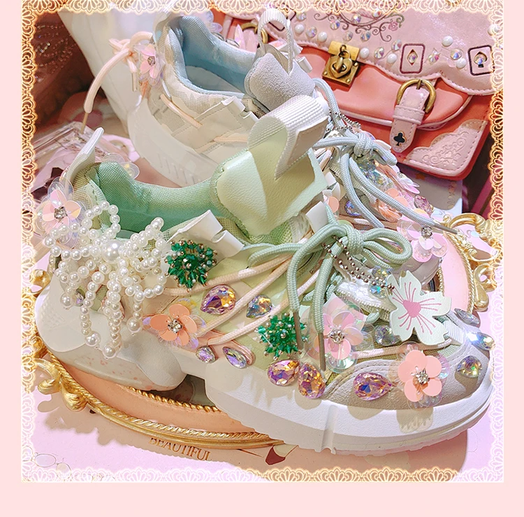 Женские кроссовки Стразы со стразами жемчужинами цветами сетчатая повседневная